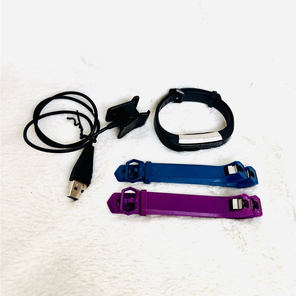 Black Fitbit Alta HR with Blue and Purple Bands